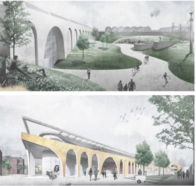 Market street combining urban gardening, commerce, and pedestrian life.