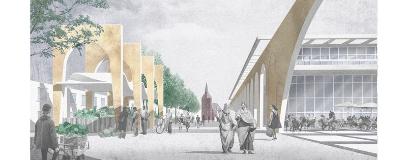 Architectural arches defining semi-public spaces and visual continuity.