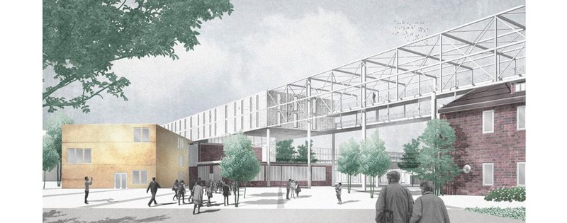 Public plaza framed by arches, encouraging gathering and collective use.