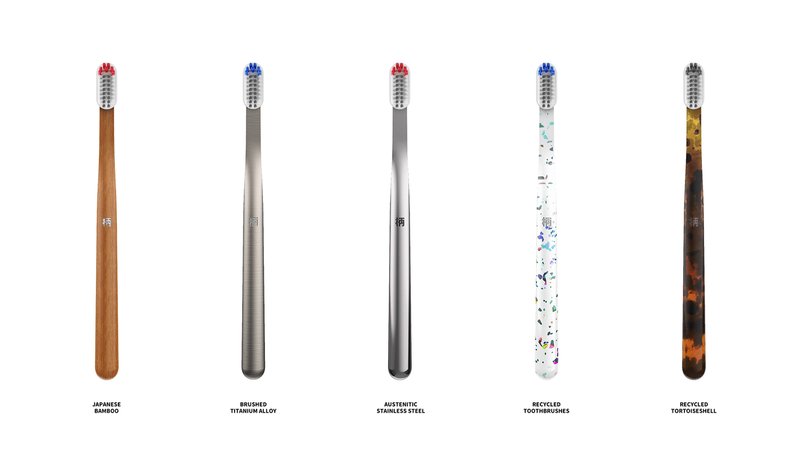 Material-driven handle variants showcasing bamboo, metal, and recycled composites within a modular toothbrush system.