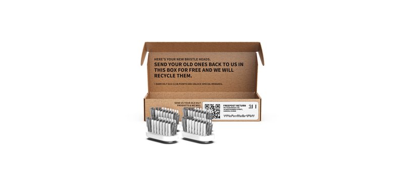 Replaceable bristle heads packaged for return and recycling, closing the loop in everyday product use.