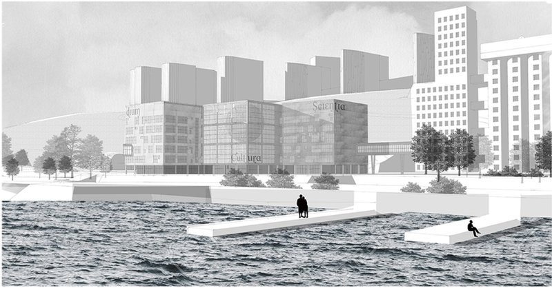 Perspective view showing the building’s engagement with the Yenisei river and its role as an ecological and urban landmark.