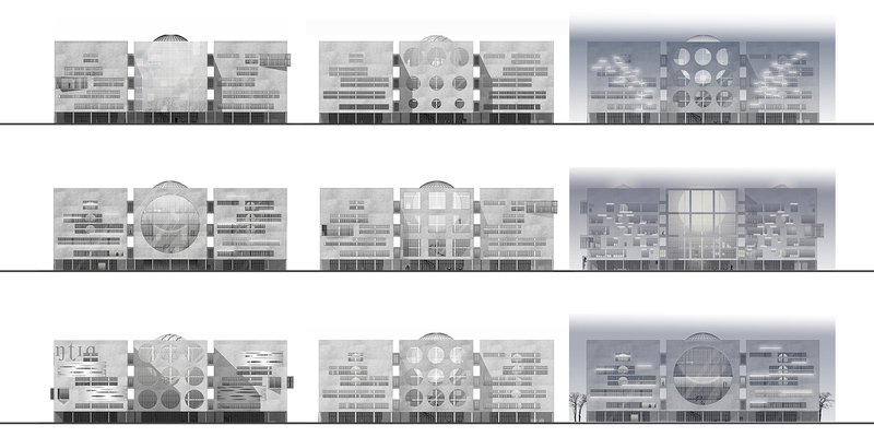 Comparative elevations illustrating the transformation of facade geometry and transparency along the building length.