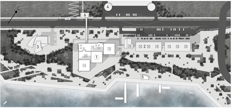 Overall site plan illustrating the relationship between the monitoring center, urban infrastructure, and the Yenisei riverfront landscape.