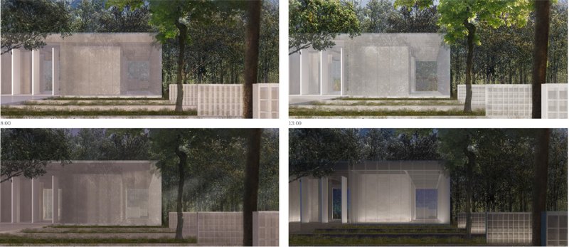 Daylight sequence demonstrating the crematorium’s changing atmosphere over time.