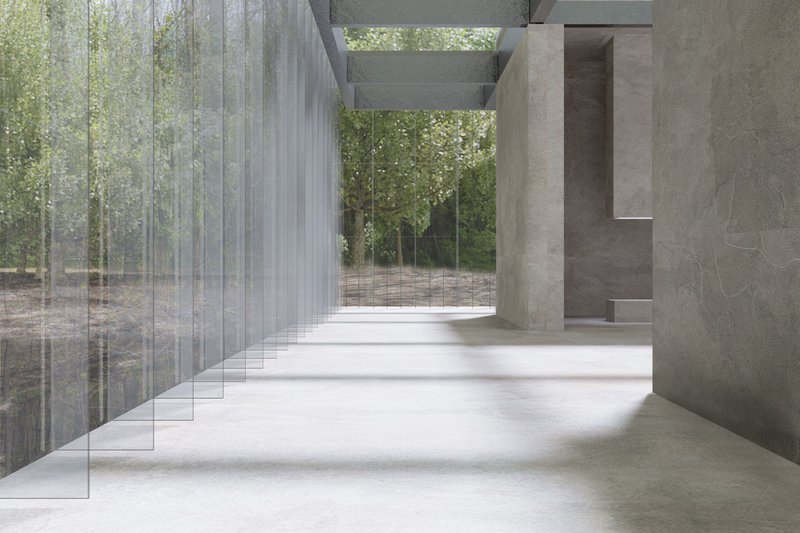Glass-lined circulation corridor dissolving the boundary between architecture and forest.
