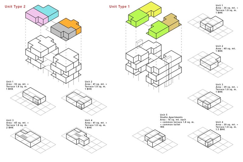 Exploded axonometric diagrams of adaptable housing units designed for flexibility, density, and incremental growth.