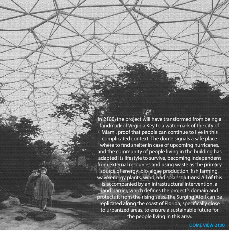Dome view 2100 presenting the self-sufficient living environment supported by renewable energy systems and protective infrastructure.