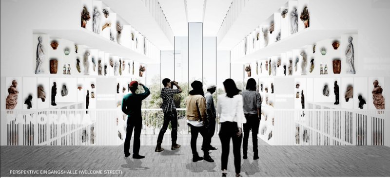 Welcome Street perspective – Storage becomes exhibition as visitors move through an open archive integrated into the museum’s circulation spine.