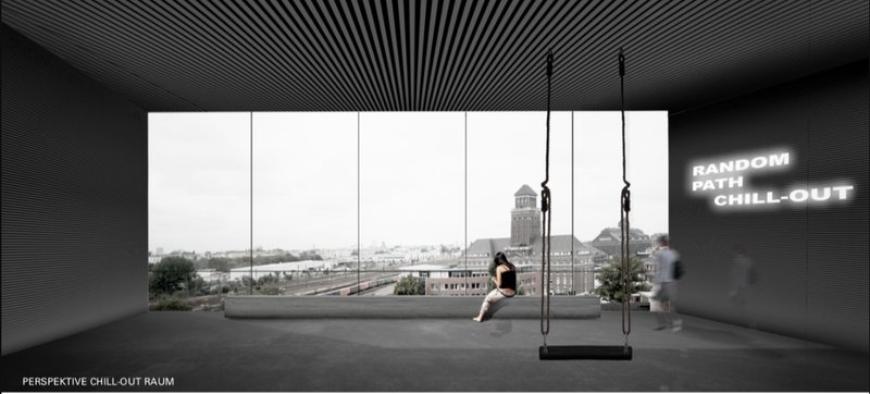 Chill-out space with city view – Informal pause spaces embedded within the archive create moments of reflection and engagement.
