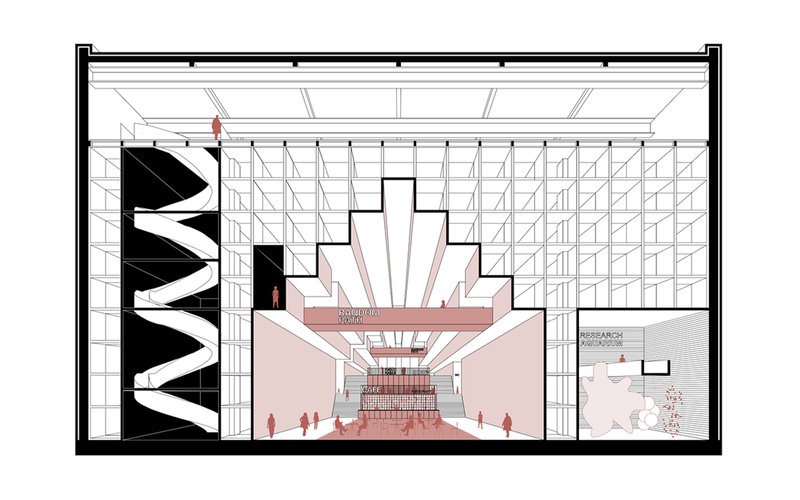 Sectional perspective through storage hall – Monumental voids carve experiential spaces within a dense, high-capacity storage grid.