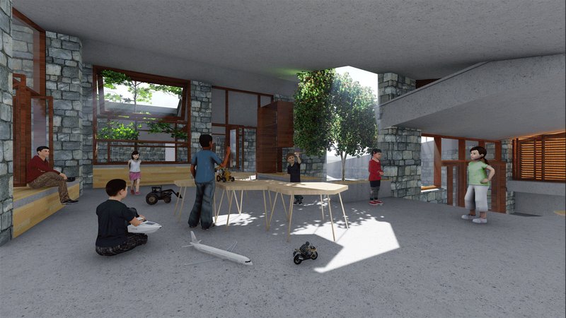 Classrooms dissolve into open studios, supporting creativity, collaboration, and hands-on learning.