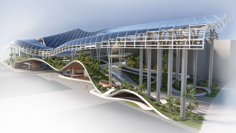 A continuous solar canopy defines the project, merging renewable energy infrastructure with public space and landscape.