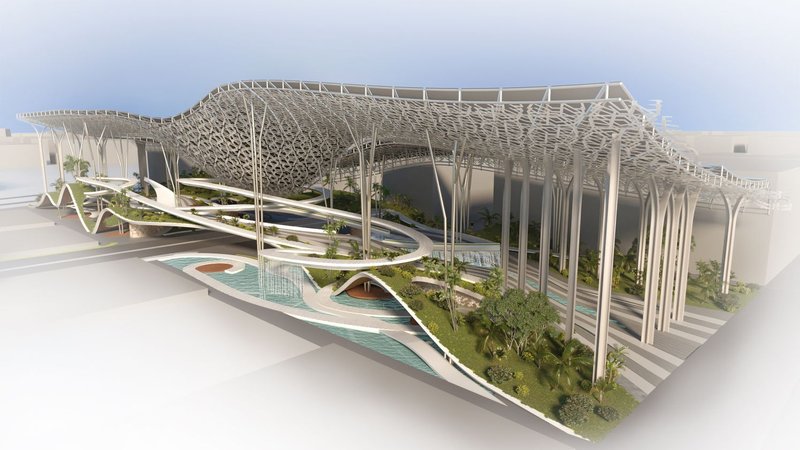 The fluid roof structure shades multilevel pedestrian paths while shaping a climate-responsive urban environment.