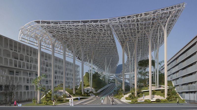 A porous lattice canopy supported by slender columns creates openness, airflow, and visual continuity at ground level.