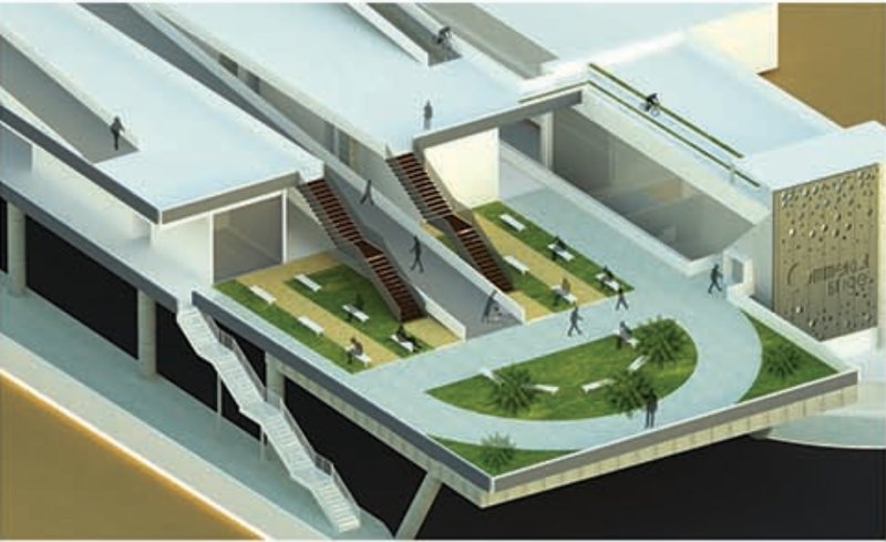 Terraced public spaces and stepped plazas activating the bridge deck.