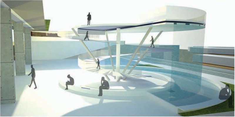 Central public square with fountain tower acting as the social and visual focal point.