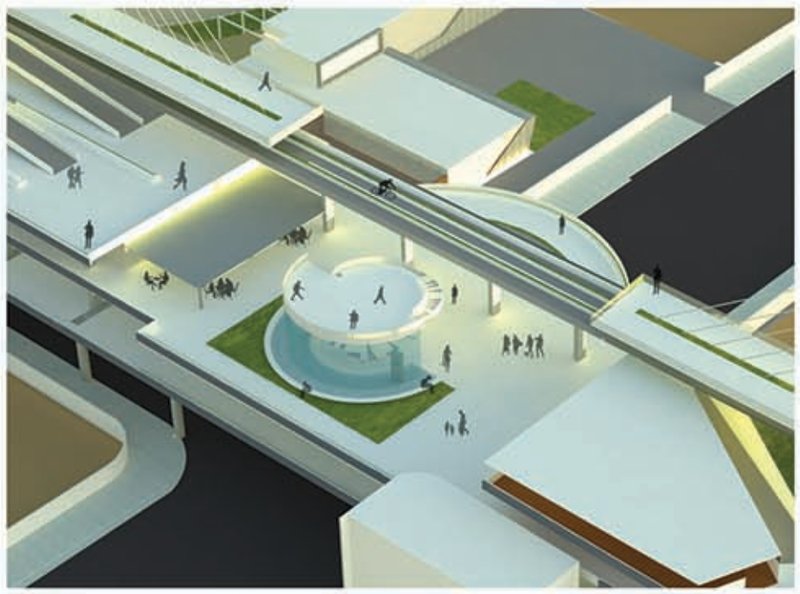 Aerial view of the bridge integrating pedestrian circulation, public plaza, and transit flow.