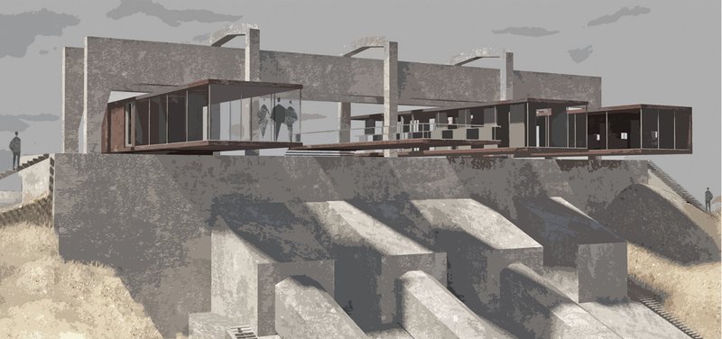 A cantilevered restaurant platform overlooking the trail, suspended between land, memory, and horizon.