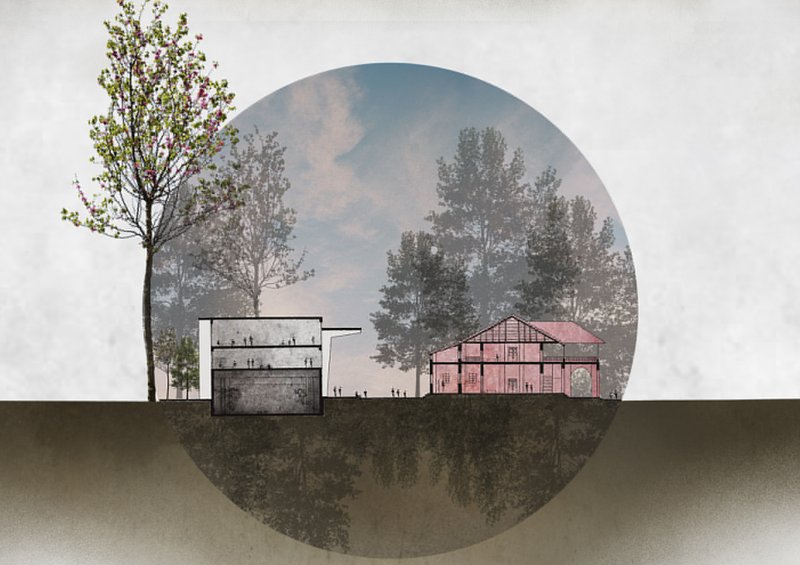 Juxtaposition of heritage structures and contemporary civic architecture across the site.