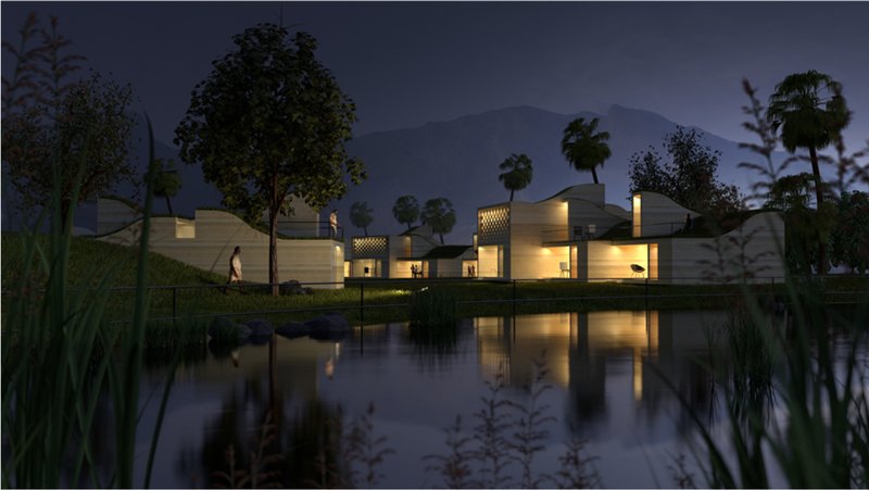 Night view of worker housing, where shaded courtyards and passive lighting create a calm microclimate within the industrial village.