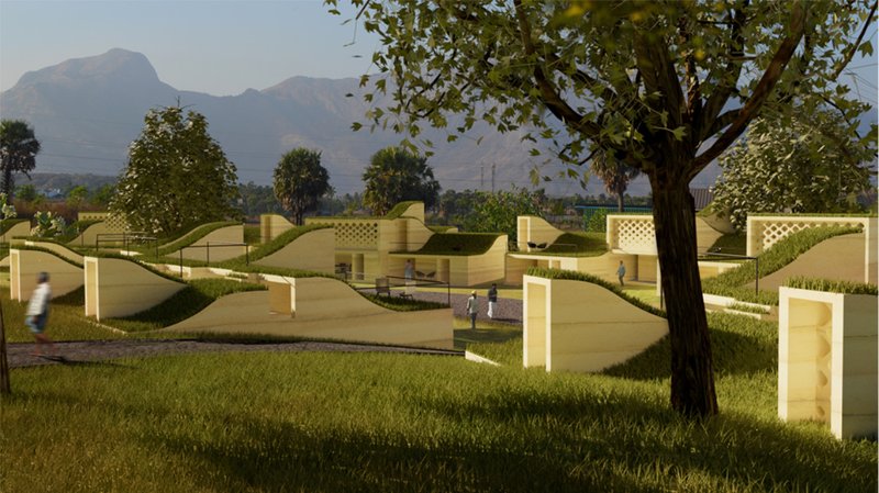 Daytime landscape integration, showing housing units embedded within green contours to reduce heat gain and enhance thermal comfort.