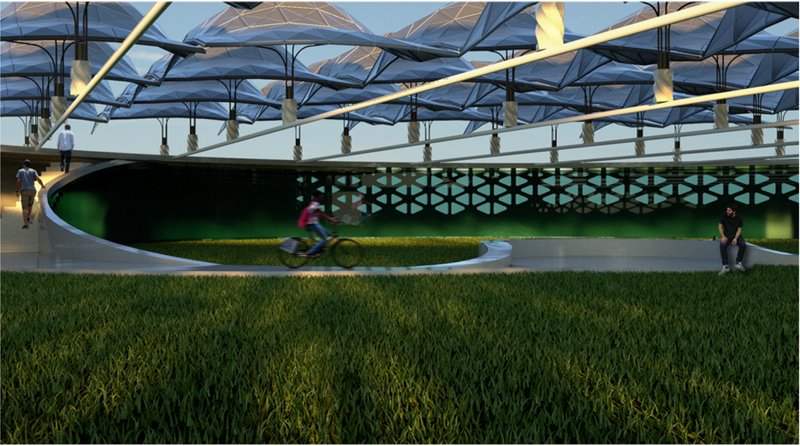 Community center courtyard, sheltered by a parametric shading canopy that filters daylight and supports social interaction.