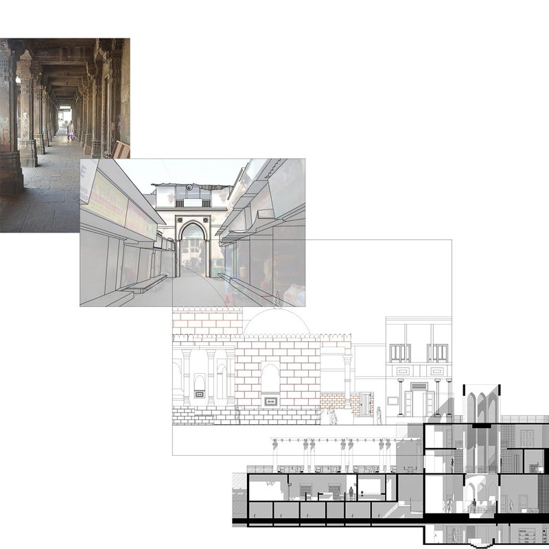 Sectional study revealing the layered relationship between heritage structures, new interventions, and underground public programs.