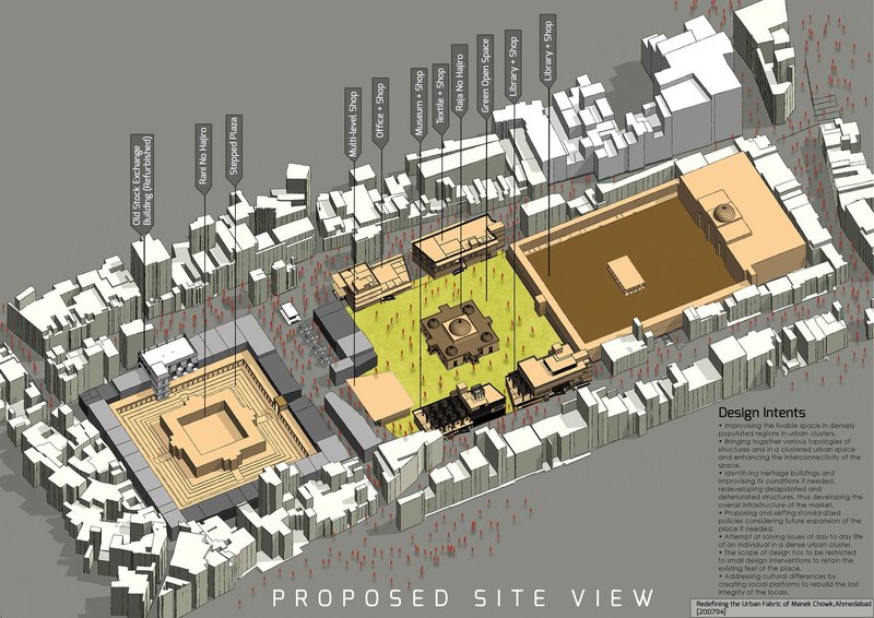 Proposed site axonometric illustrating the integration of plazas, cultural programs, and restructured market blocks within the dense urban fabric.