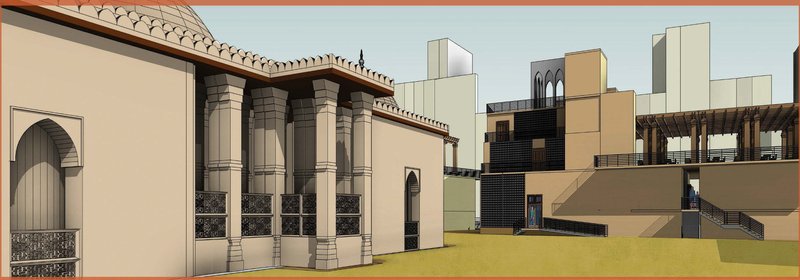 View of the museum building emerging from the open green plaza around Raja No Hajiro, creating a heritage appreciation buffer.