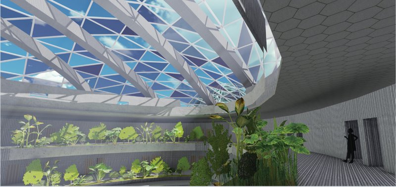 Interior garden and staff residence with controlled daylight and passive ventilation through the adaptive roof system.