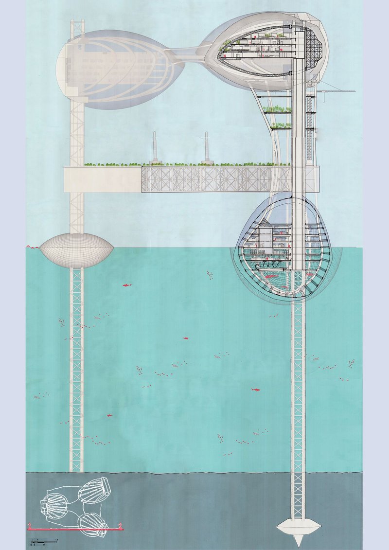 Structural section revealing integration of existing offshore columns with new inhabitable volumes.