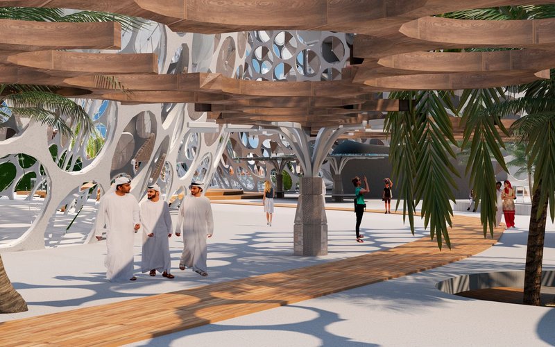 Public spaces beneath porous structures create shaded, breathable environments designed for social interaction in hot climates.