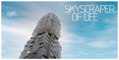 The image showcases a modern skyscraper design, characterized by its modular construction and geomet
