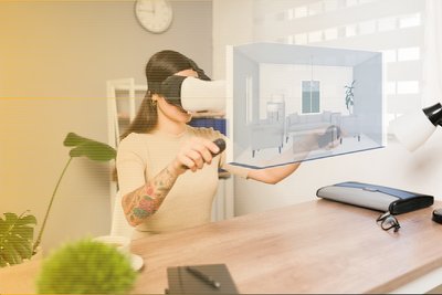 The image showcases a person using a VR headset to interact with a 3D model of a living room interio