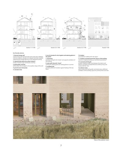 The image presents an architectural design focused on eco-friendly solutions. It includes building s