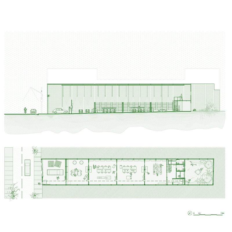 Elevation and floor plan drawings showing the linear layout with workspaces and enclosed courtyard