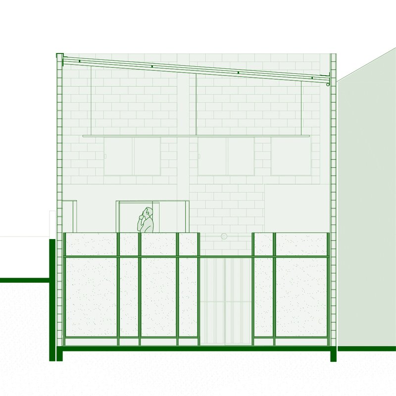 Section drawing revealing the double-height space with mezzanine level and figure on upper floor