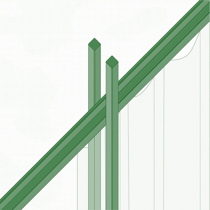 Axonometric detail drawing of diagonal timber beams intersecting with vertical posts and wall plane