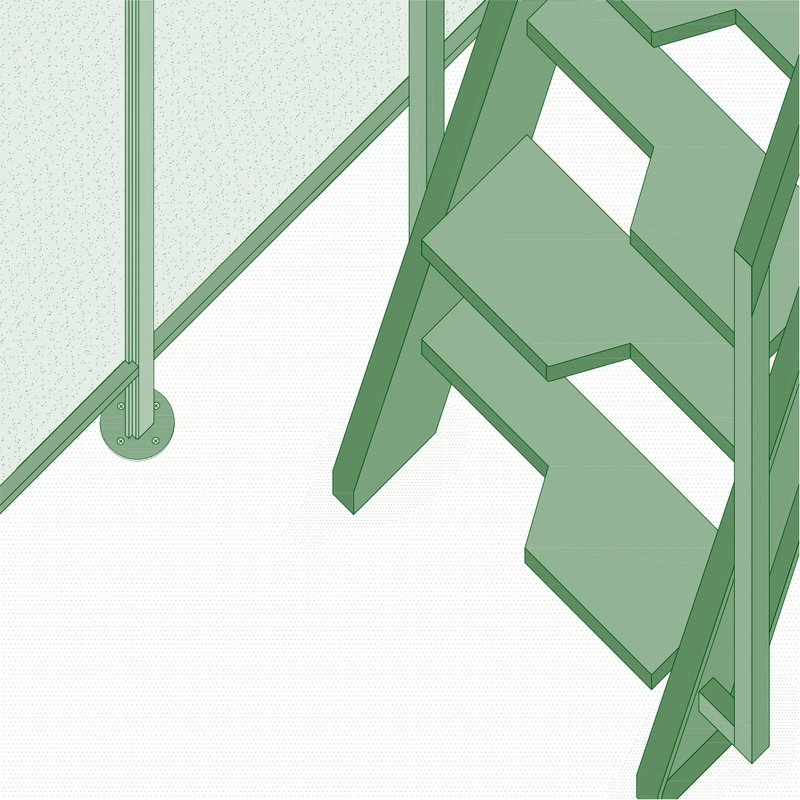 Axonometric drawing showing a circulation route connecting multiple stair landings and platforms