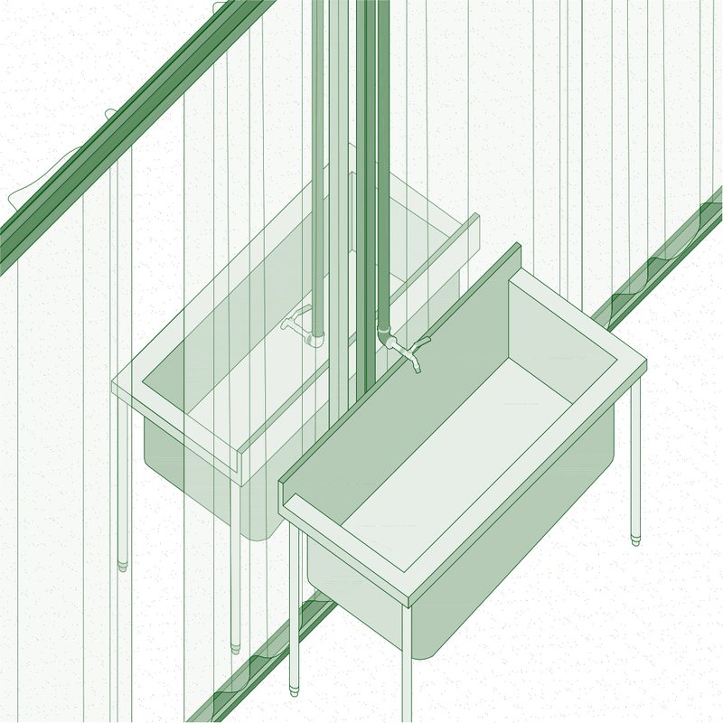 Isometric drawing of a raised platform structure with vertical slat screening and diagonal supports