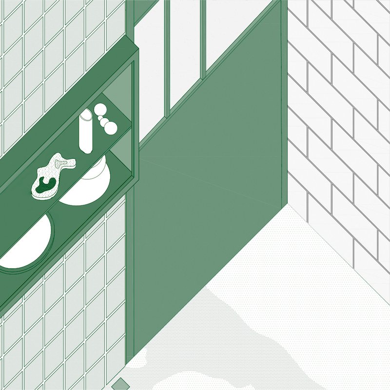 Axonometric detail showing signage panel mounted on a wall with diagonal tile pattern