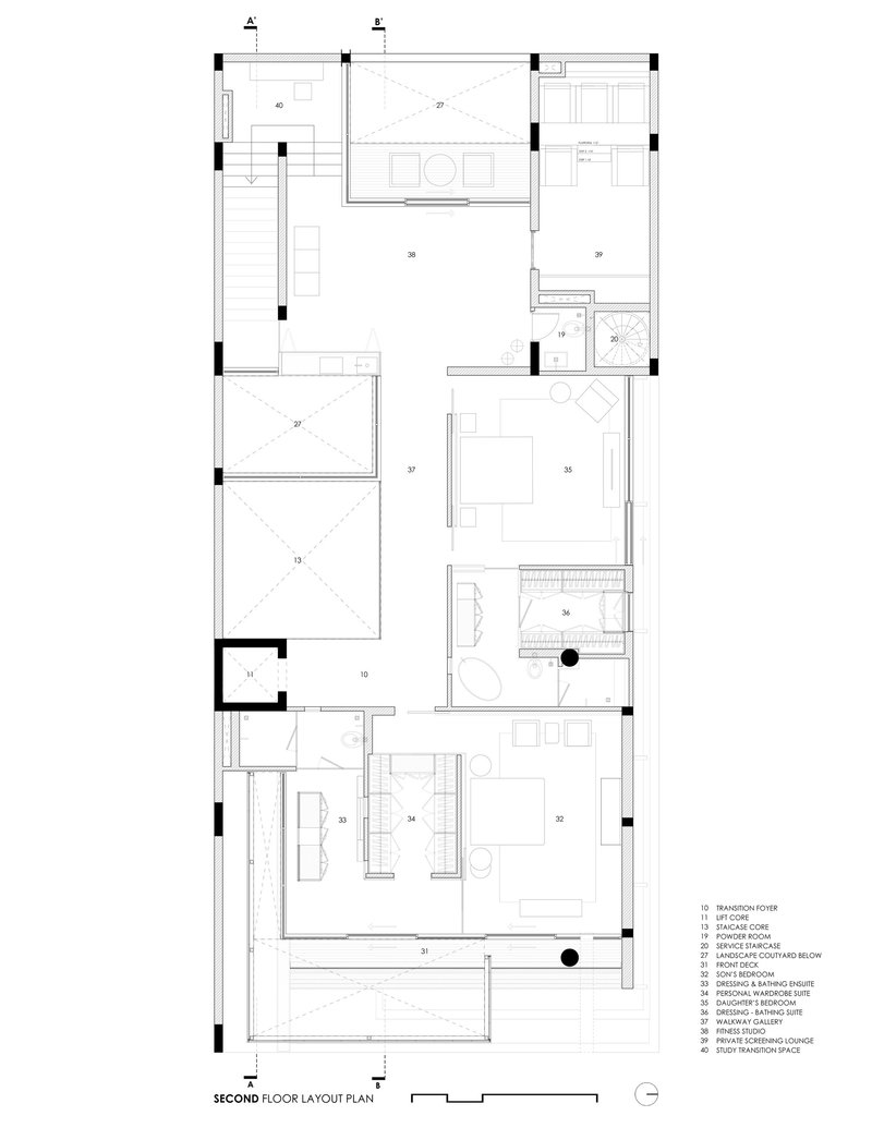 Second floor plan drawing showing bedroom suites, open terrace, and sloped ceiling above stairwell