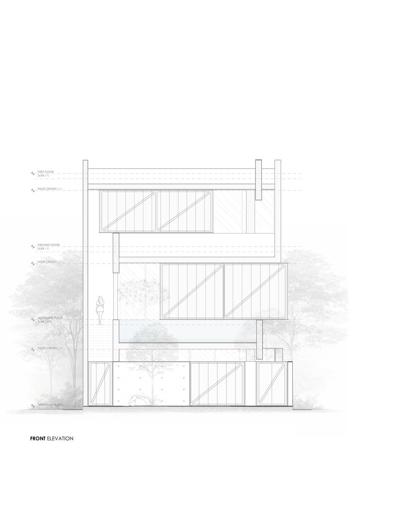 Front elevation drawing showing three stacked floor levels with vertical timber cladding and flanking trees