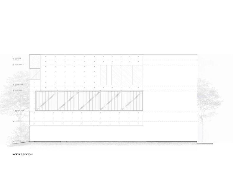 North elevation drawing showing horizontal banding with diagonal timber infill panels between mature trees