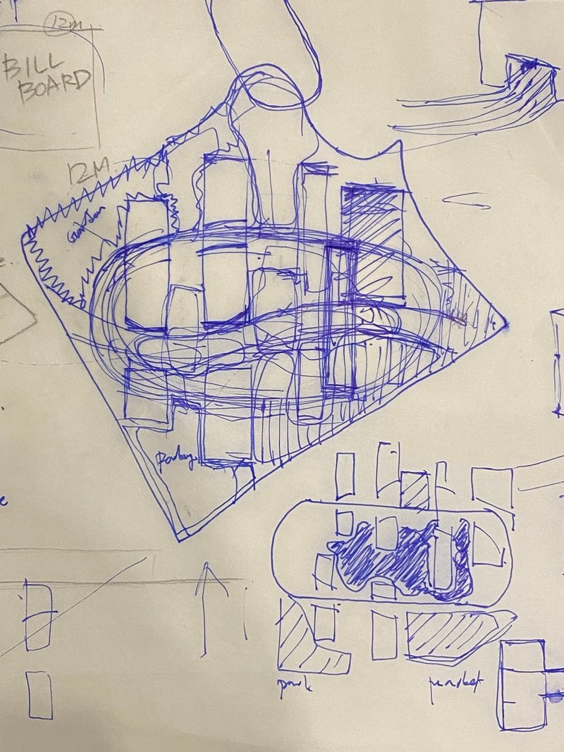 schematic design; sketch showing layout of the masses and design of the public space