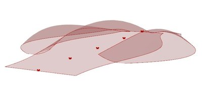 This architectural image presents a 3D rendering of a conceptual design featuring curvilinear forms 