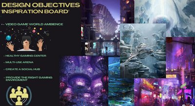 This image is an inspiration board for a gaming center design, featuring futuristic and cyberpunk ar
