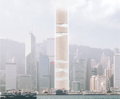 This architectural image showcases a conceptual skyscraper design integrated into the Hong Kong skyl
