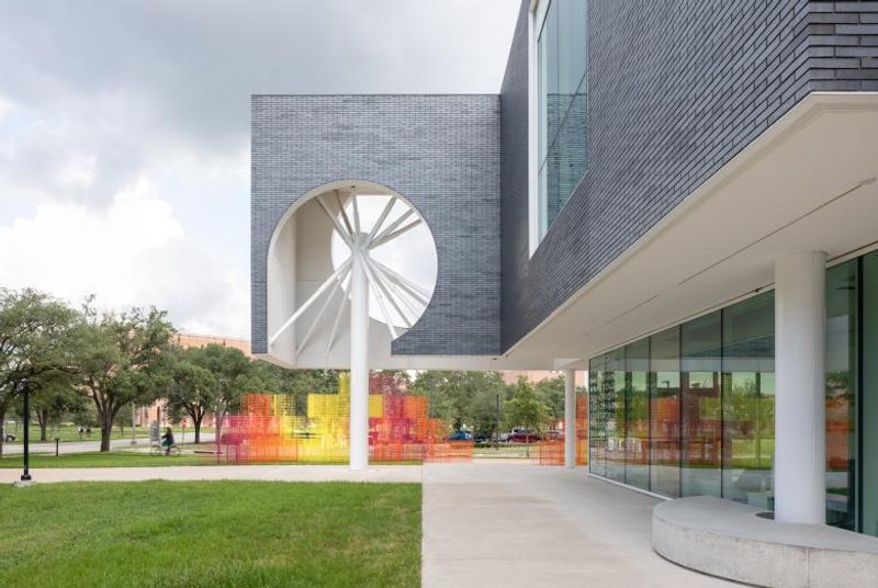 Begum, known for focusing on the interplay between light, color, and form, uses "industrial materials, repetitive geometric patterns, and vibrant colors [to] brilliantly activate the surrounding architecture," per a statement from the Moody Center for the Arts. (Photo: Sean Fleming)
